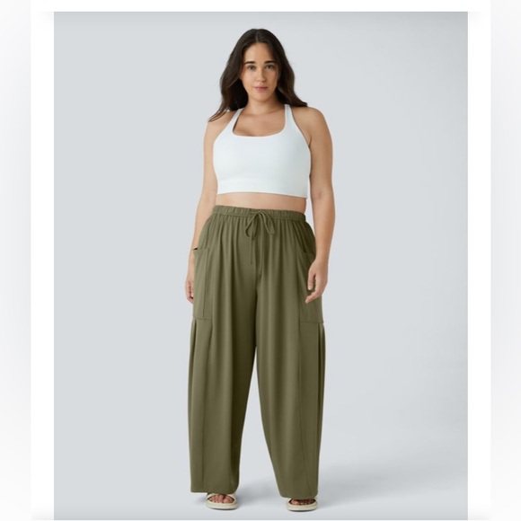 HALARA Pants - HALARA Olive mid-rise relaxed fit Wide-Leg pocket Pants